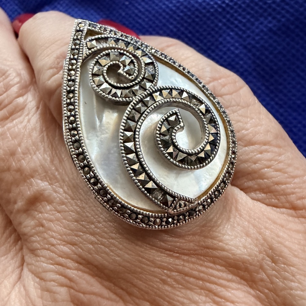 Vtg Judith Jack Sterling Silver 925 Mother Of Pearl Marcasite Cocktail Ring Sz 6